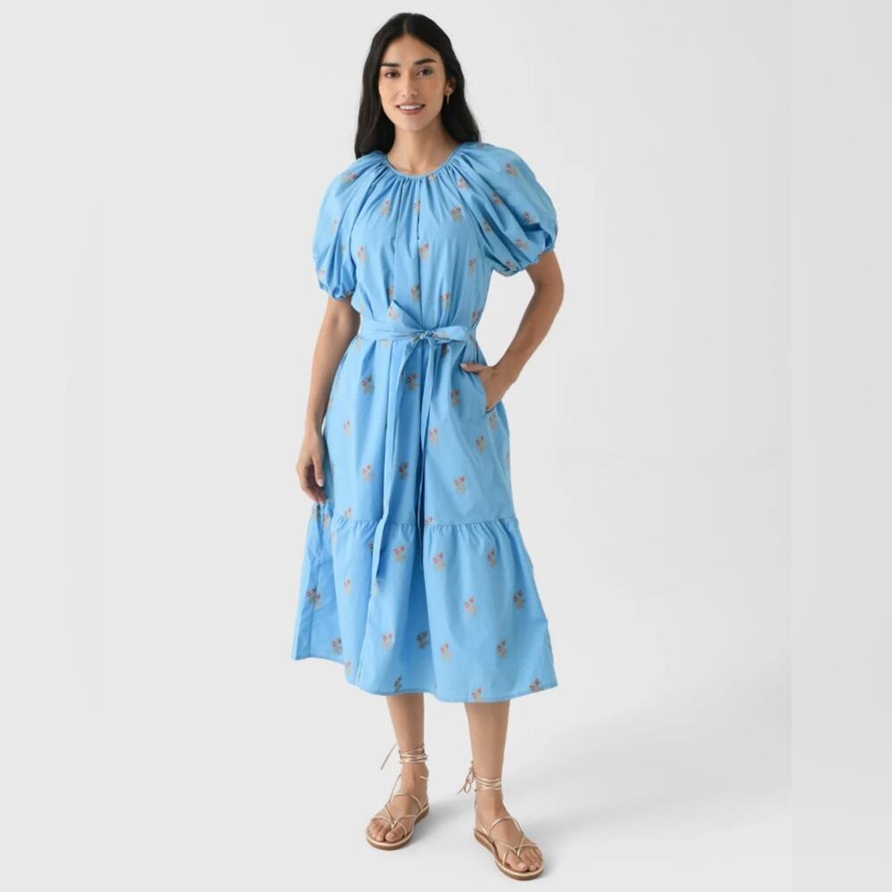 Never A Wallflower Blue Gathered Dress with Floral Accents